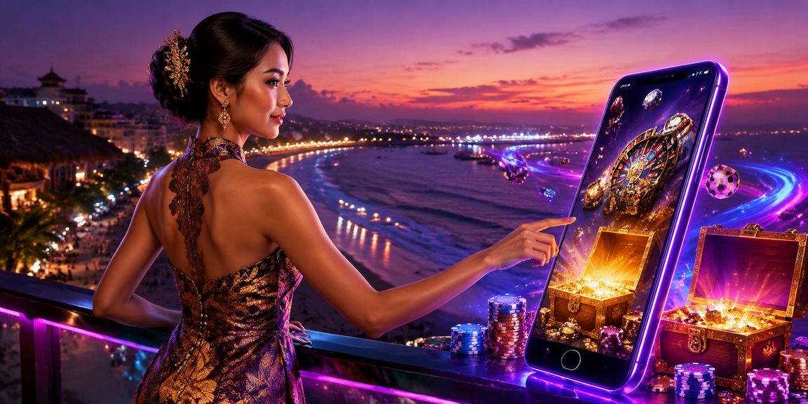 Pengguna memainkan casino mobile di tepi pantai dengan smartphone