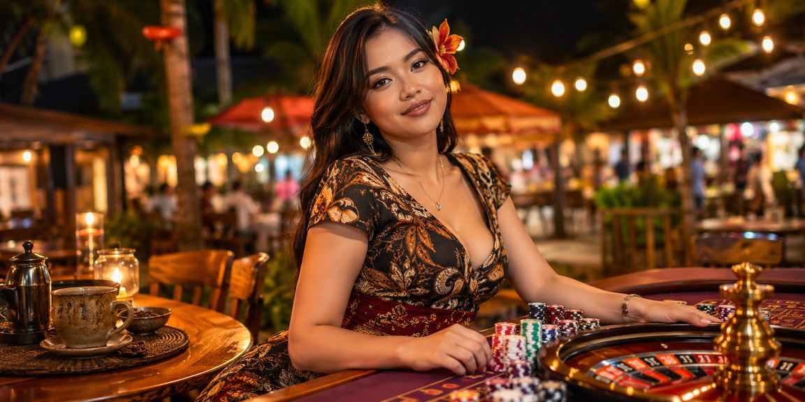 Meja roulette kasino modern dengan suasana kafe Vietnam yang elegan